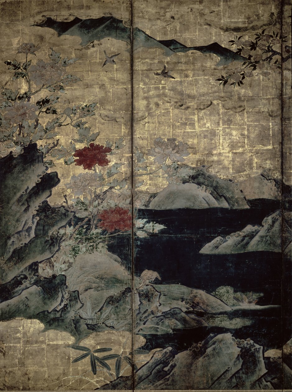 四季的鸟和花（笔和墨水，颜色，面板上的金纸）（见216555,216566） 作者 卡诺搜集