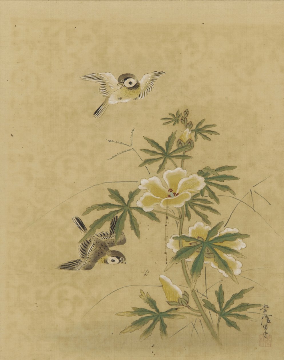 鸟和花，江户时代，17世纪中叶至18世纪初（丝绸上的墨水和颜色） 作者 鹿野常伸