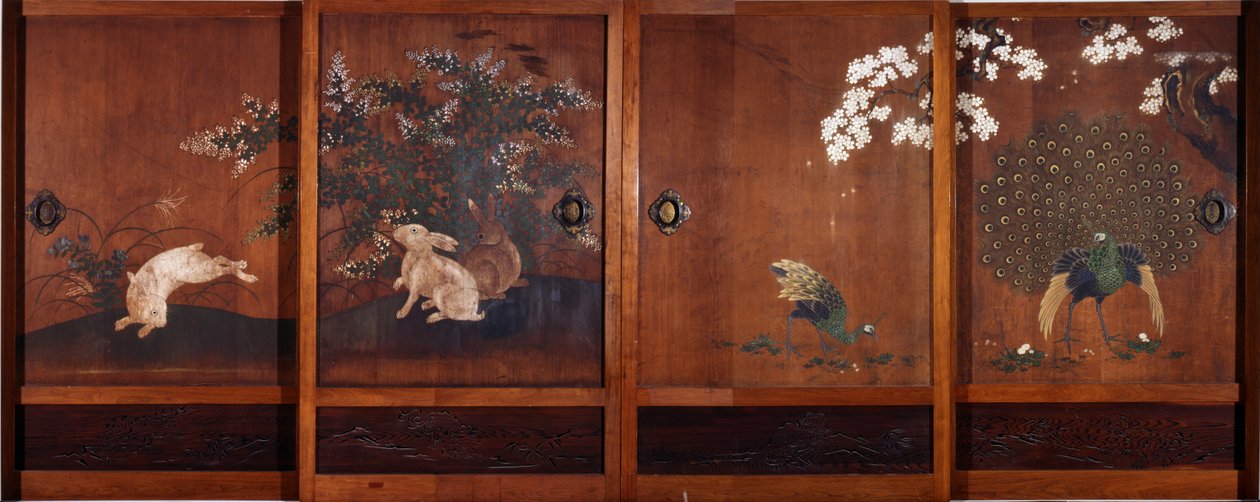 滑动木门上的绘画，c.1700（木材上的墨水和wc） 作者 鹿野常伸