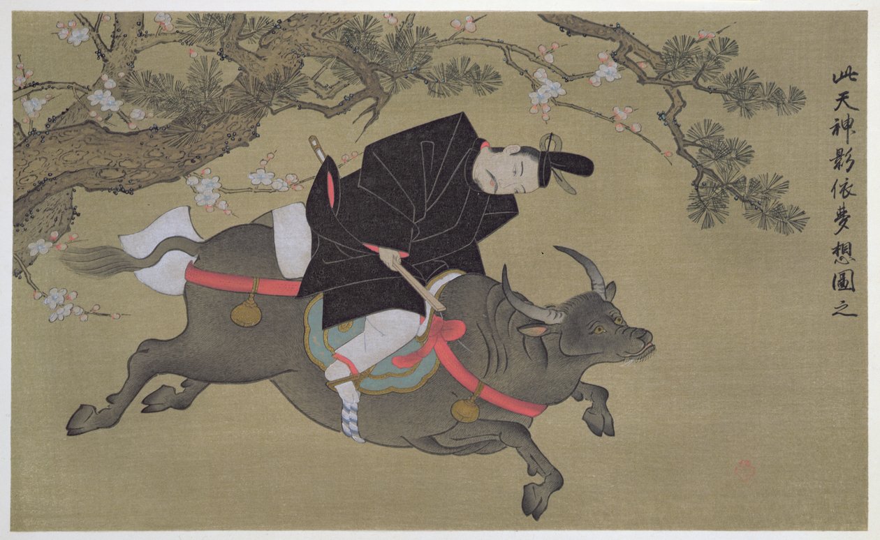 诗人骑在水牛，插图来自&39;Kokka&39;杂志，1905年7月 作者 卡诺雪信