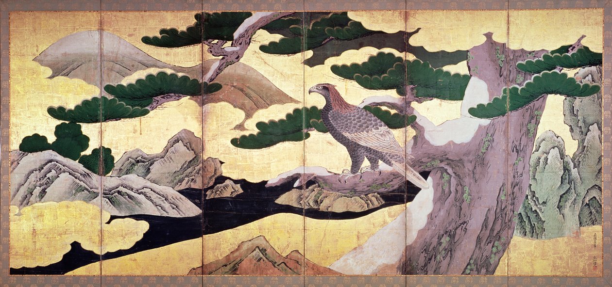 松树中的老鹰，6面板折叠屏幕（笔和墨水，颜色，面板上的金色）（见216561） 作者 鹿野英德