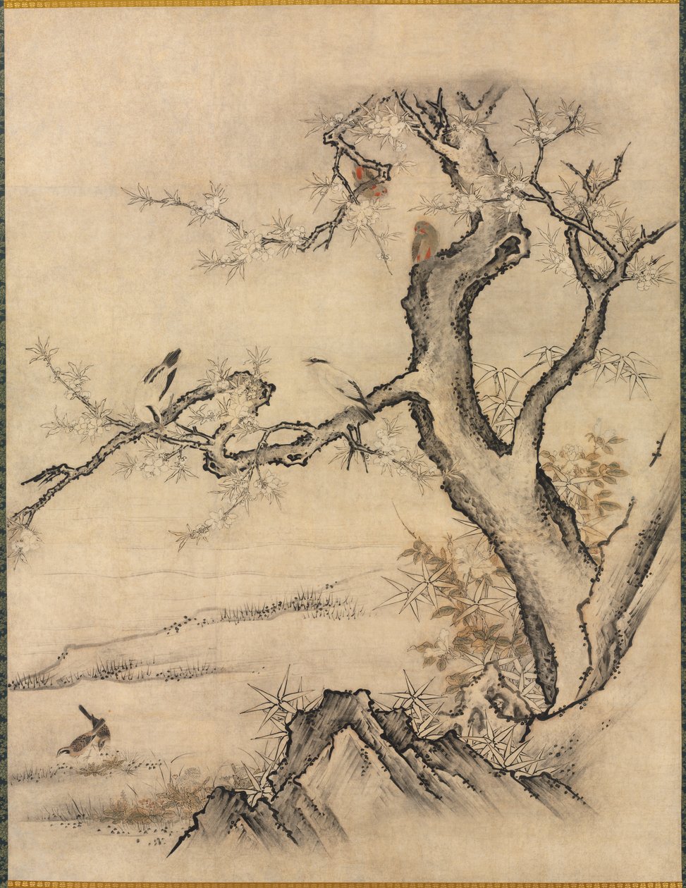 1500年代春天风景中的花鸟。 作者 卡诺·元信
