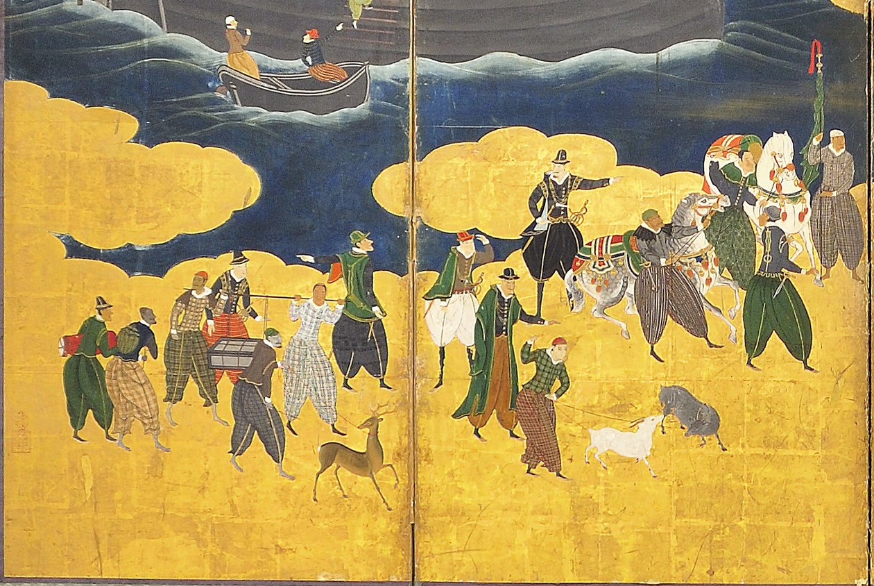 南部野蛮人贸易的细节，一对六块屏风，十七世纪初 作者 卡诺·奈森