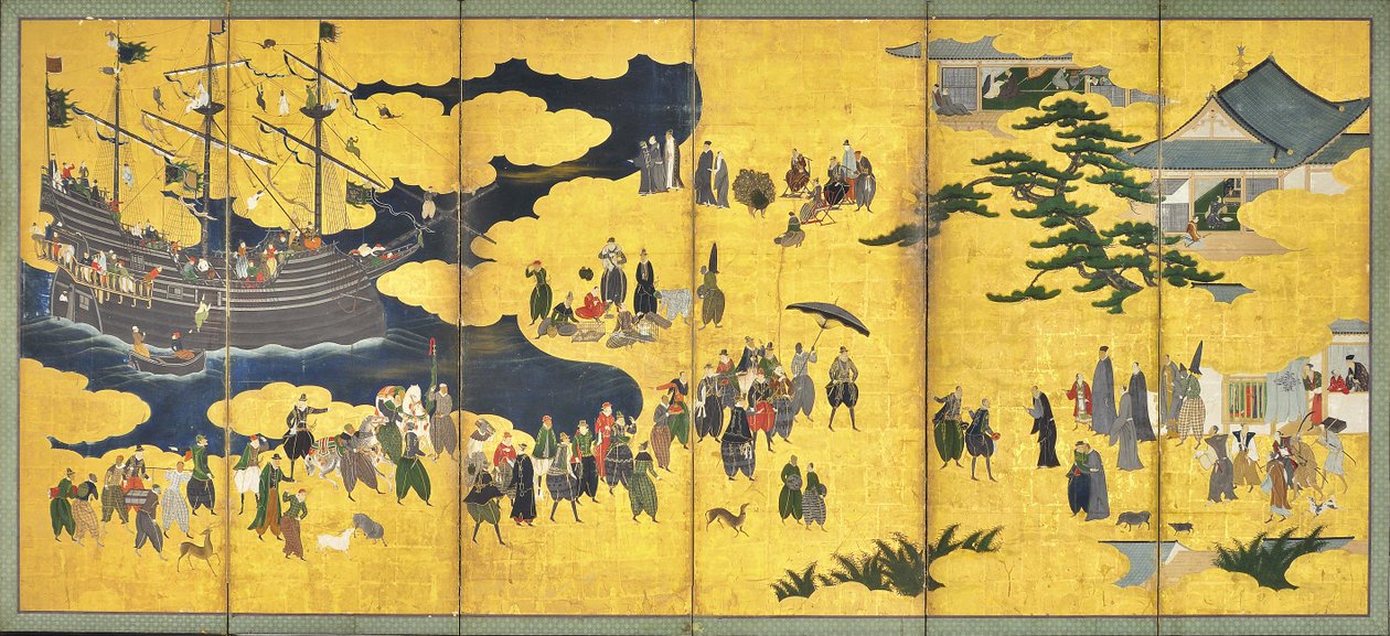 十七世纪初，南部的野蛮人来贸易，一对六块屏风 作者 卡诺·奈森