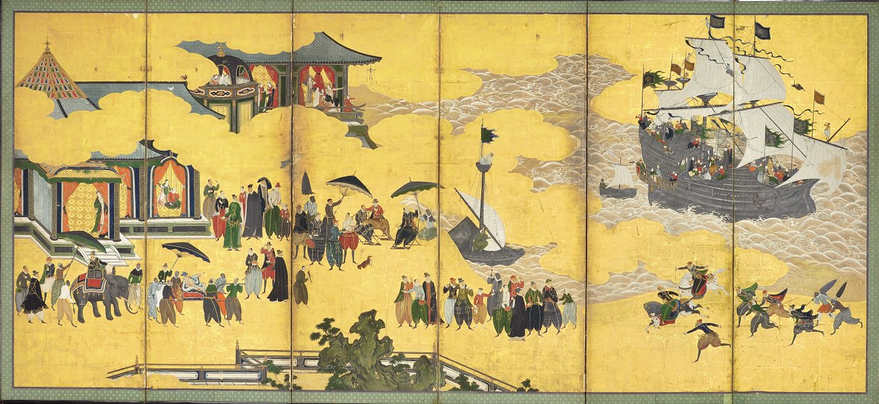 十七世纪初，南部的野蛮人来贸易，一对六块屏风 作者 卡诺·奈森