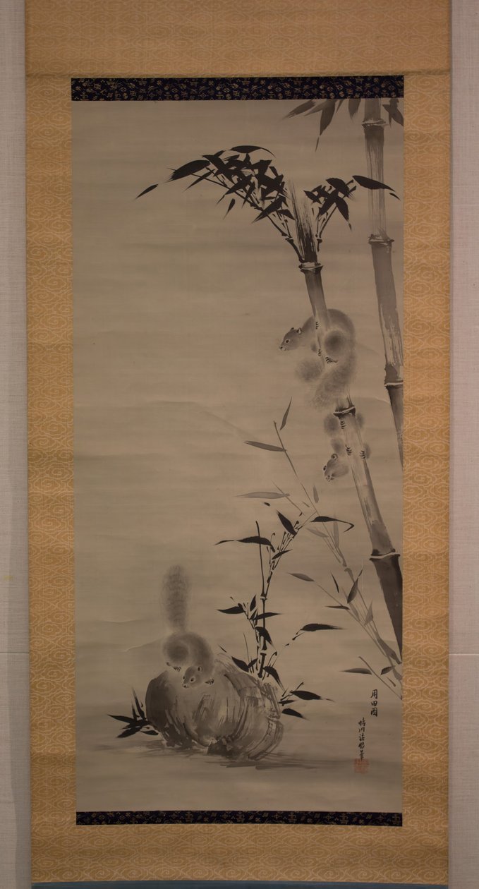 竹子和岩石上的松鼠，19世纪。 作者 鹿野修信