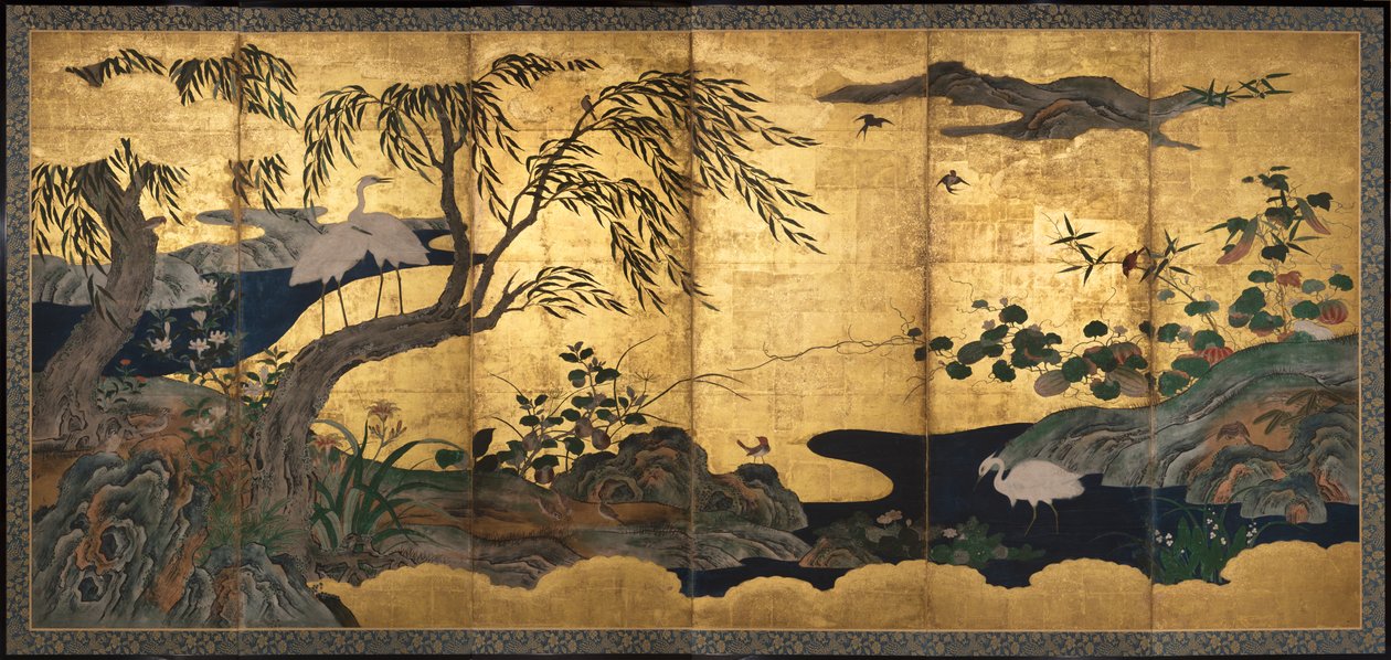 鸟与花，16 世纪晚期（纸张上的墨水、色彩、金箔和金斑） 作者 Kano Shoei (attr.to)
