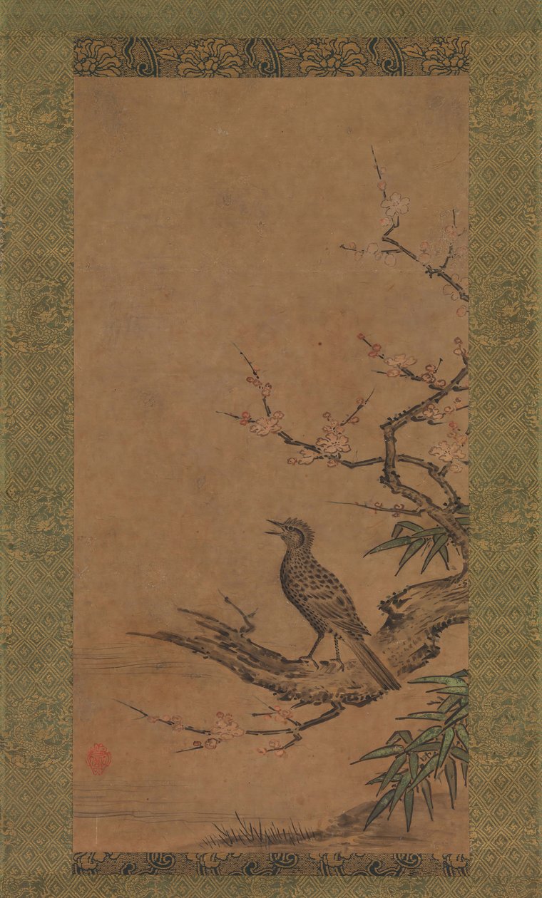 梅花枝上的棕耳鹎Hiyodori，16世纪中叶至晚期。 作者 鹿正荣