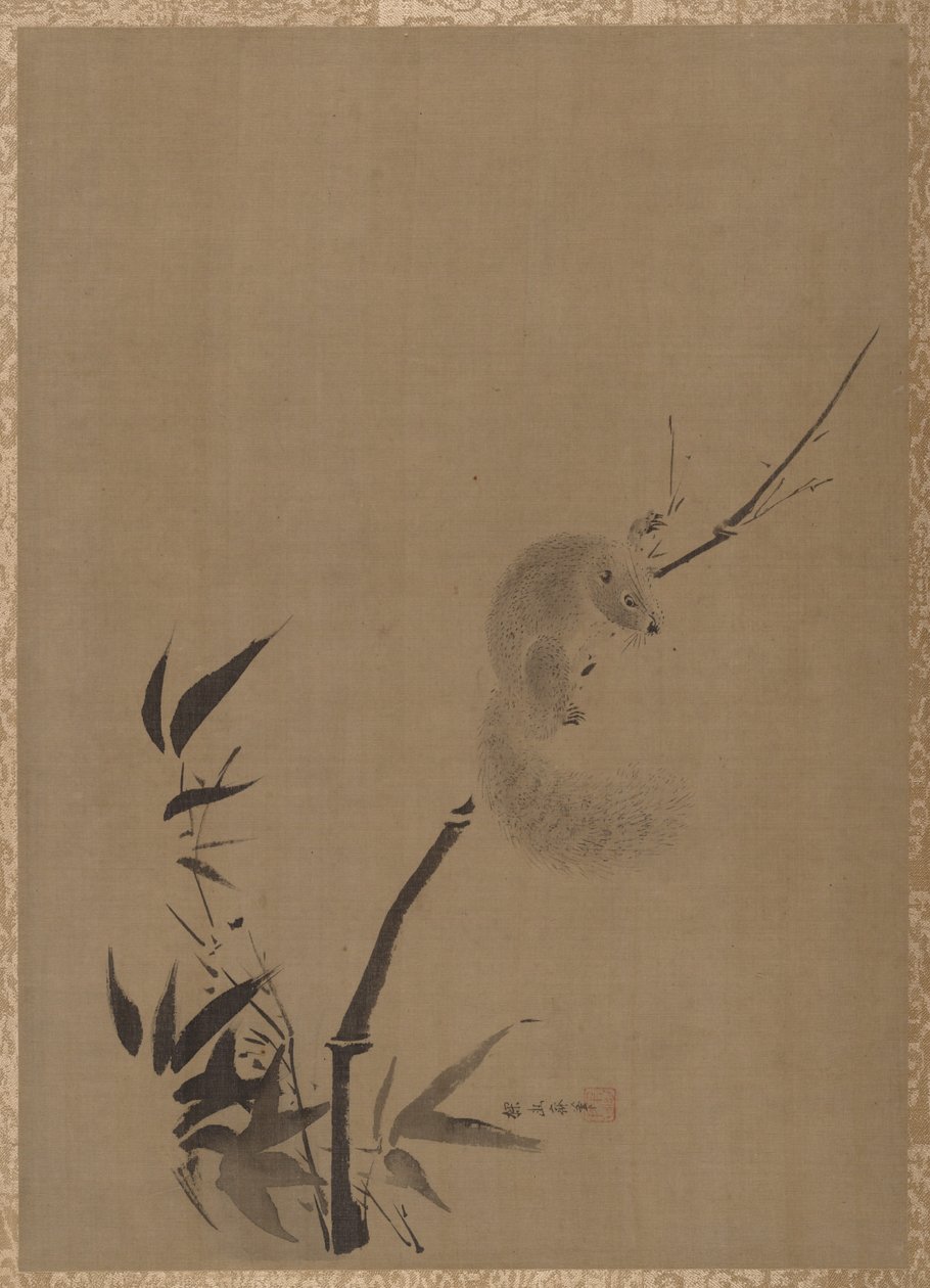 竹子上的松鼠，约1650年。 作者 鹿野探游