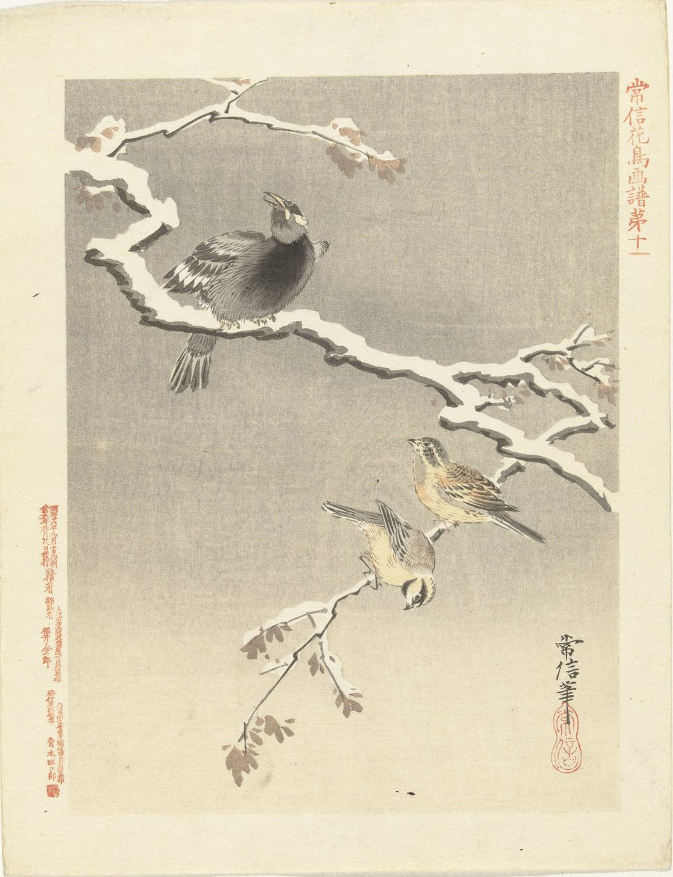 雪枝上的三只鸟
狩野常信的花鸟素描（系列标题）
Kano Tsunenobu kacho gafu（物体上的系列标题） 作者 鹿野常伸