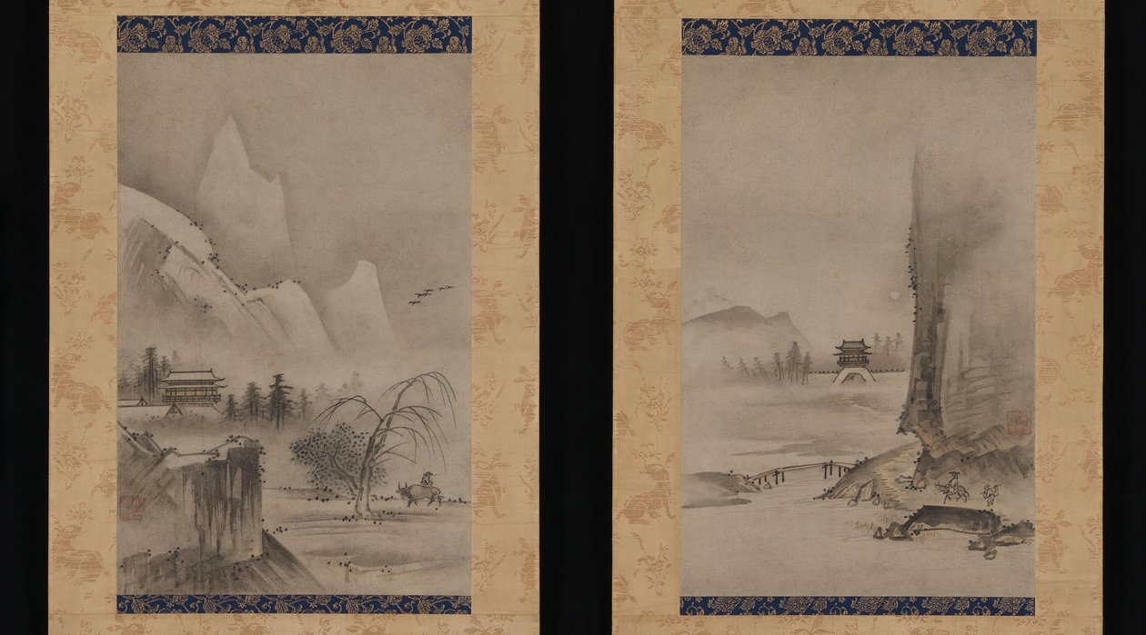 潇湘八景》中的两幅，16世纪初。 作者 观亭