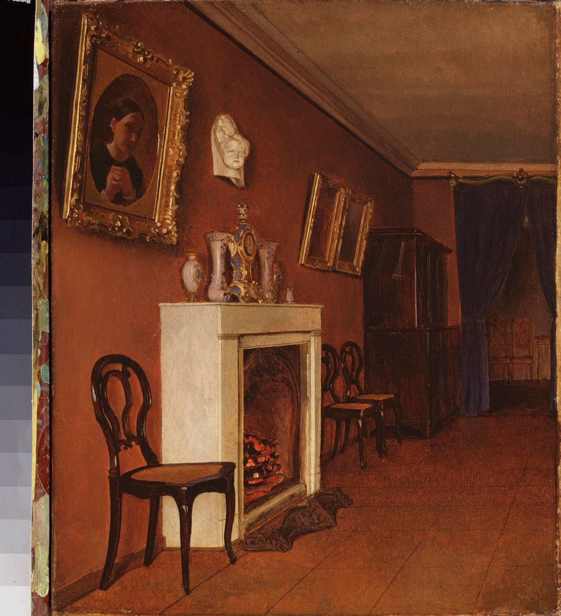 Interieur avec une cheminee（带壁炉的室内装饰）--卡皮顿-阿列克谢耶维奇-泽连佐夫（1790-1845 年）的油画，纸上水彩 作者 Alekseevich Zelentsov上尉