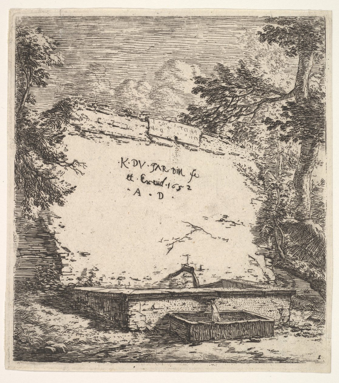 带有阶梯式喷泉的前作，一堵石墙，带水嘴，将水倒进水库，1652年。 作者 卡雷尔·杜·贾丁（Karel Du Jardin）