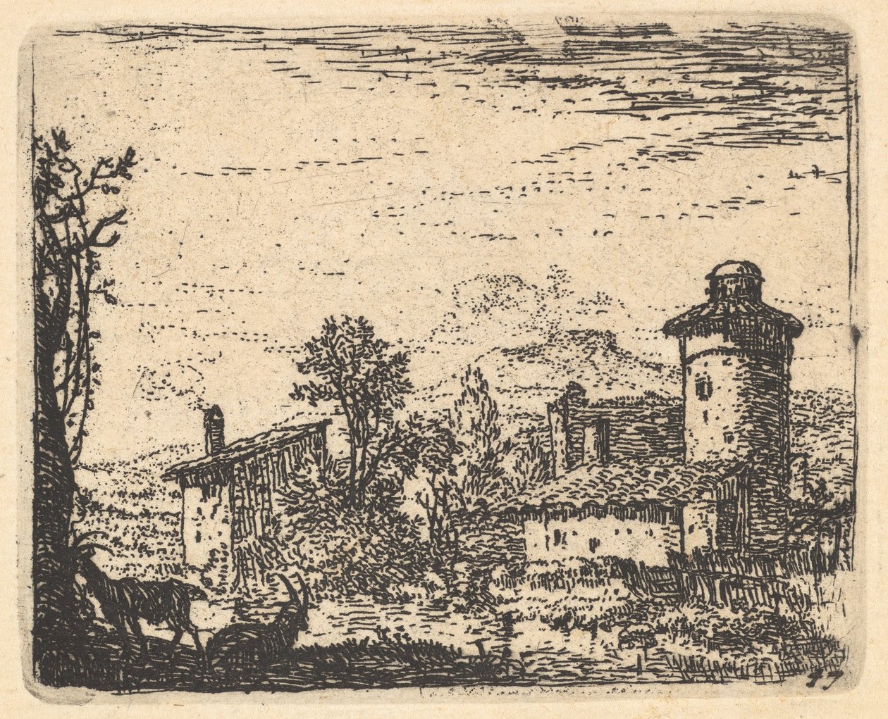 风景画，左前方阴影中的两只角羊，下方的村庄建筑......，约1641-78。 作者 卡雷尔·杜·贾丁（Karel Du Jardin）