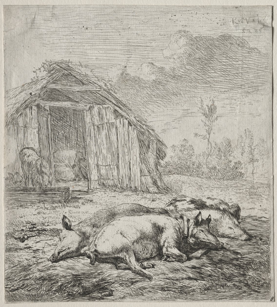 三头猪躺在栅栏前 作者 卡雷尔·杜哈丁（Karel Dujardin）