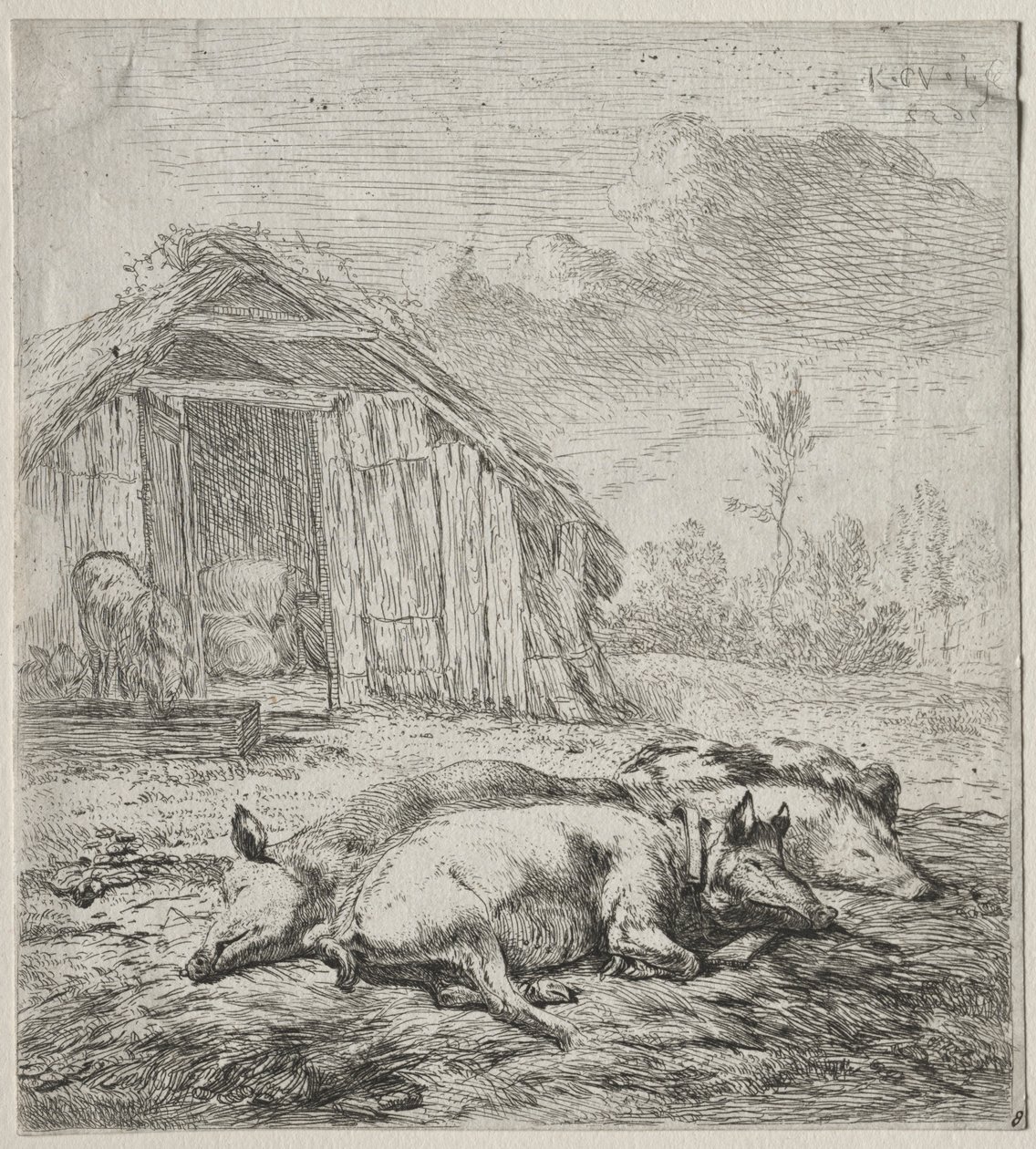 说谎在猪圈前面的三头猪。 作者 卡雷尔·杜哈丁（Karel Dujardin）