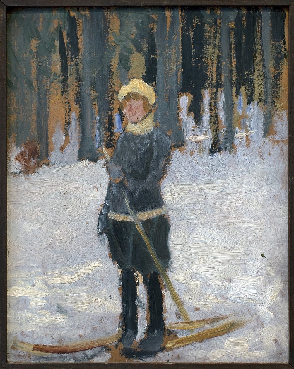 女人在森林里滑雪。 卡雷尔·斯皮勒 (Karel Spillar) (1871-1939) 的作品，纸板油画 作者 卡雷尔·斯皮拉（Karel Spillar）