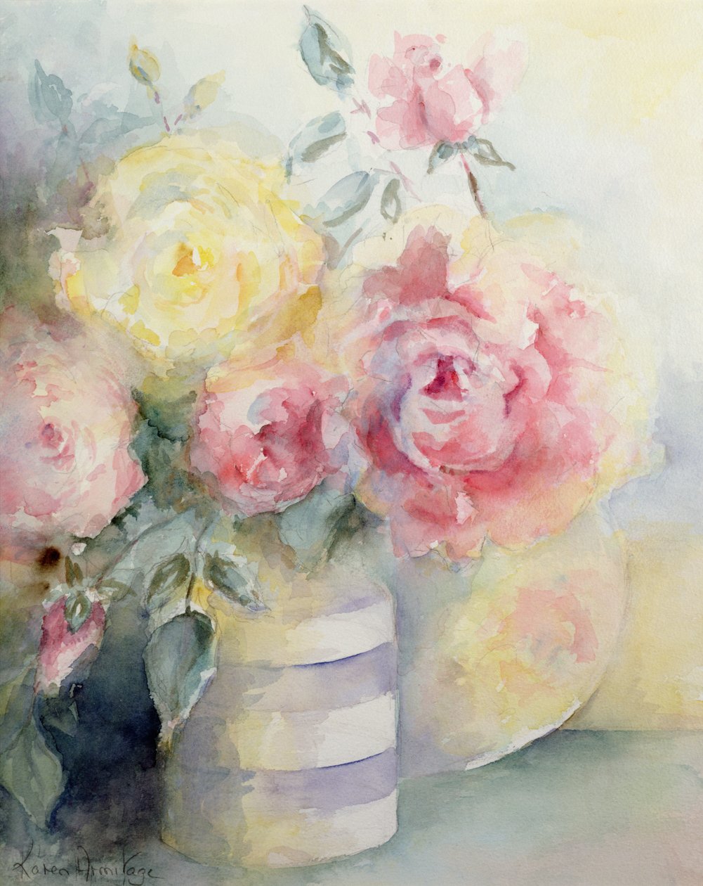 科尼什壶中的玫瑰花（水彩画） 作者 卡伦·阿米蒂奇（Karen Armitage）