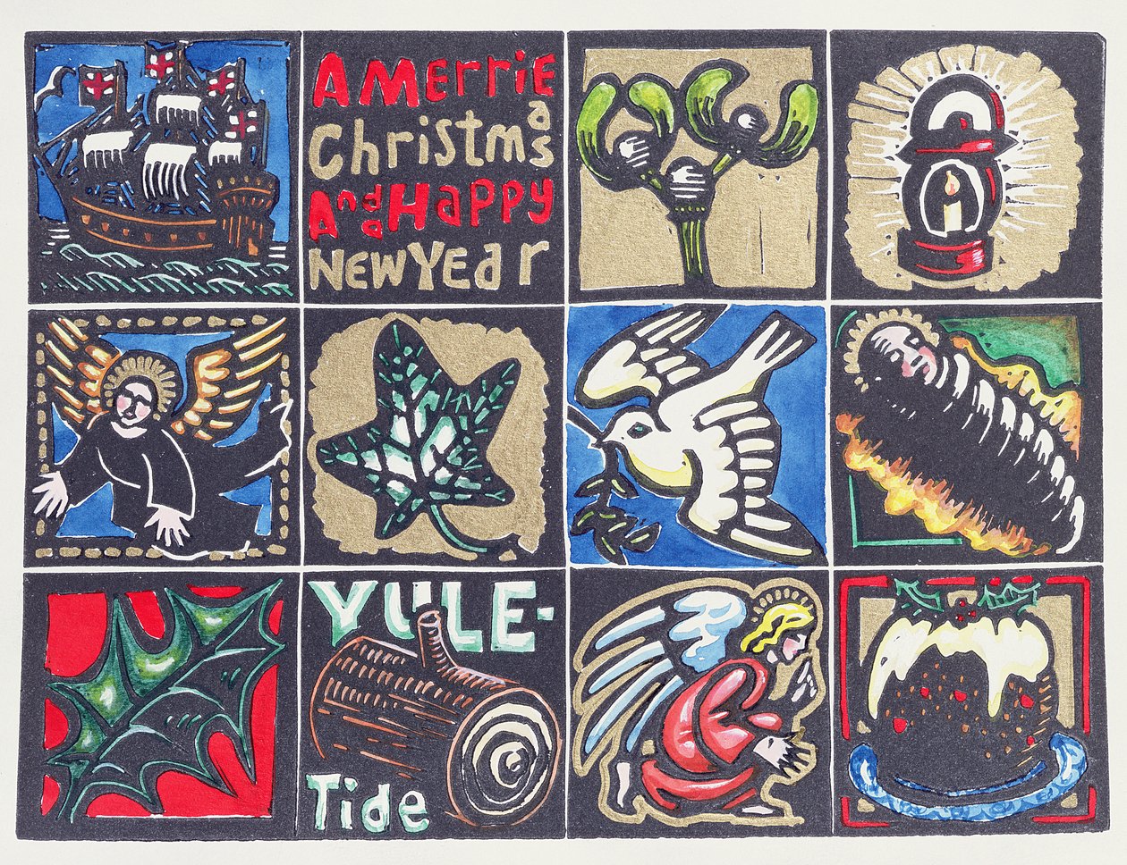 圣诞贺卡，1999年（linocut和wc在纸上） 作者 凯伦·凯特（Karen Cater）