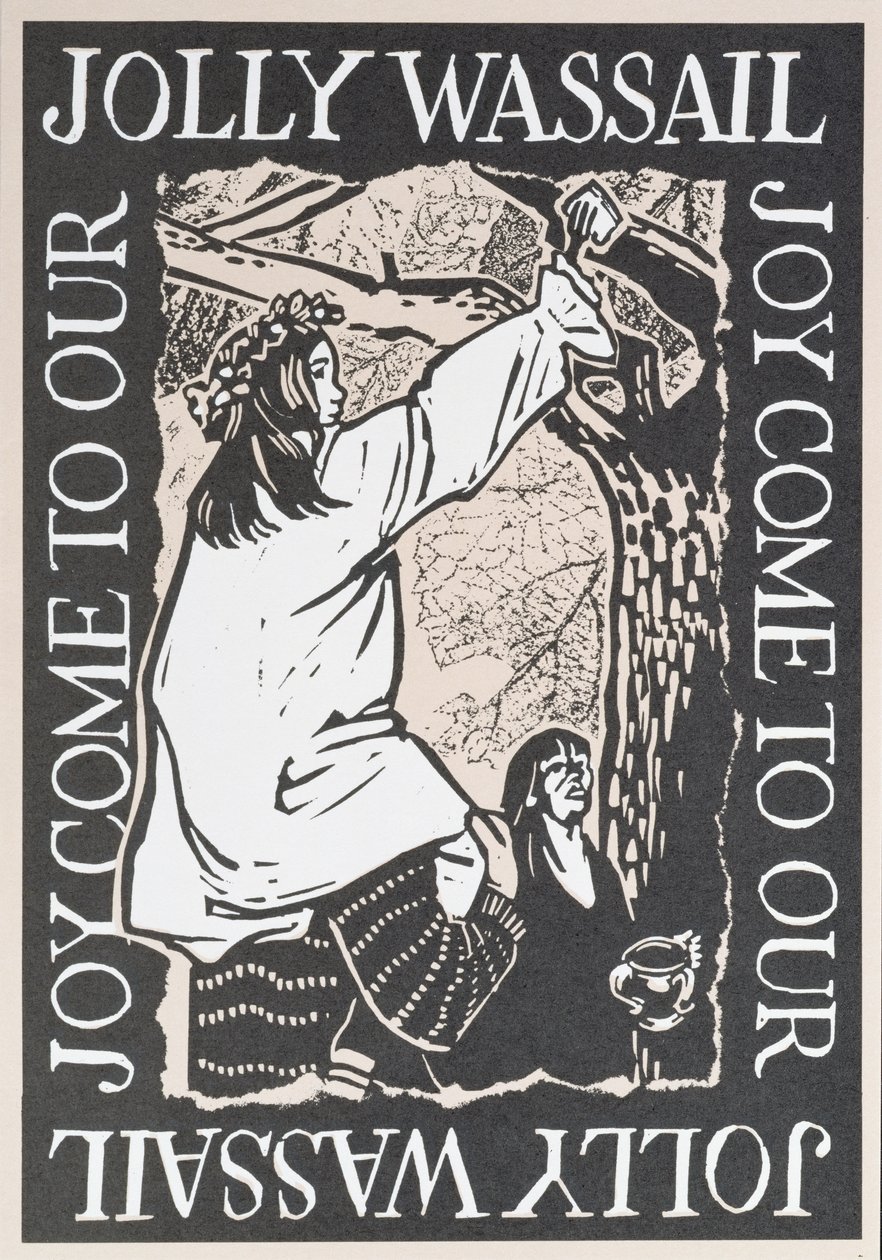 欢乐来到我们的Jolly Wassail，1997年（linocut on paper） 作者 凯伦·凯特（Karen Cater）