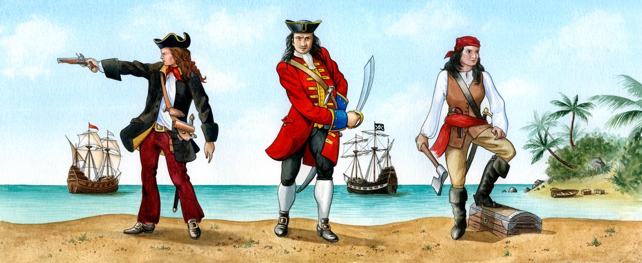 安妮·邦尼（Anne Bonny），约翰·卡里科（John Calico）杰克·拉克姆（Jack Rackam）和玛丽·雷德（Mary Read），18世纪海盗。 作者 凯伦·洪佩（Karen Humpage）