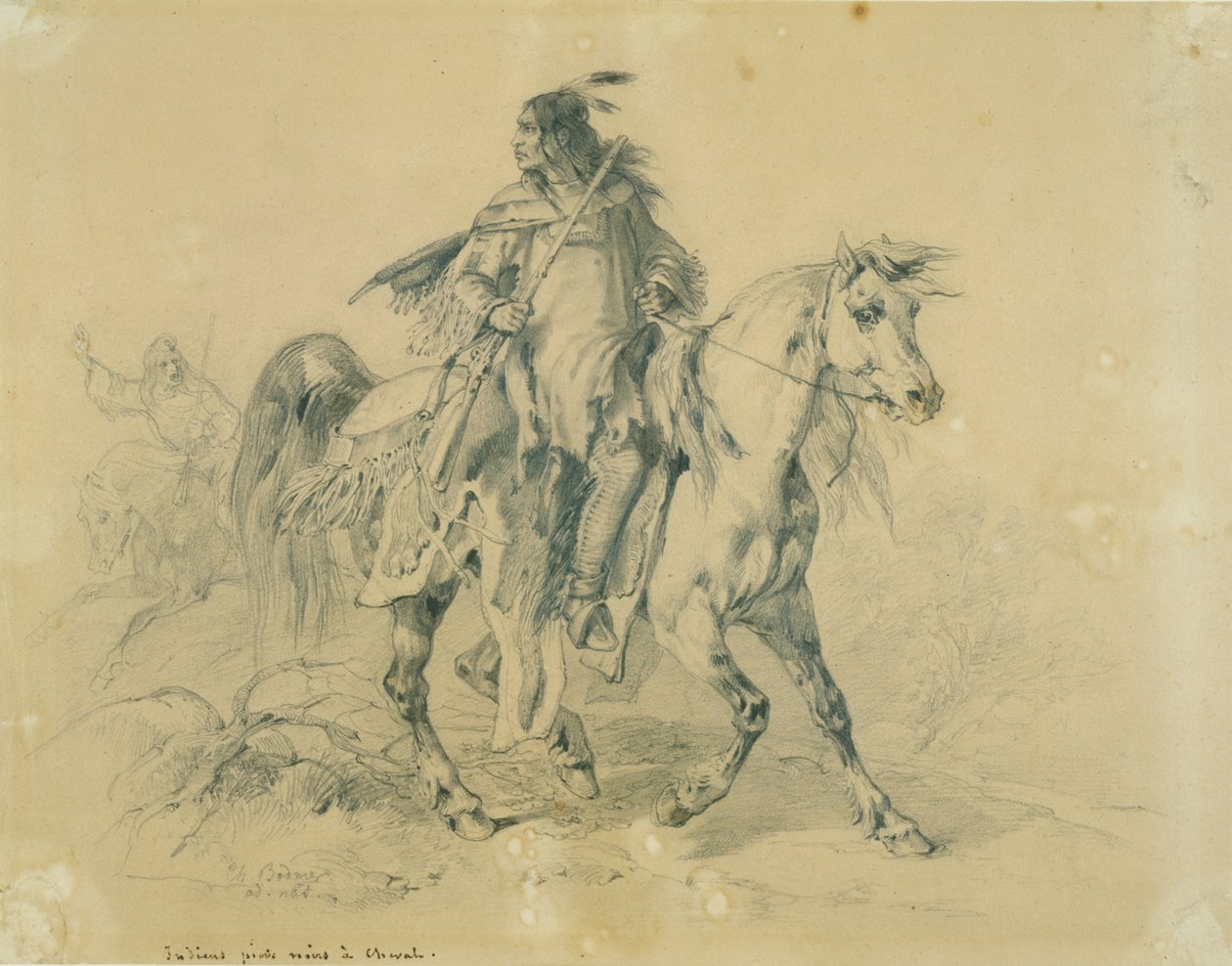 骑马的Blackfeet战士，c.1833-43（铅笔，笔和纸上的wc） 作者 卡尔·博德默