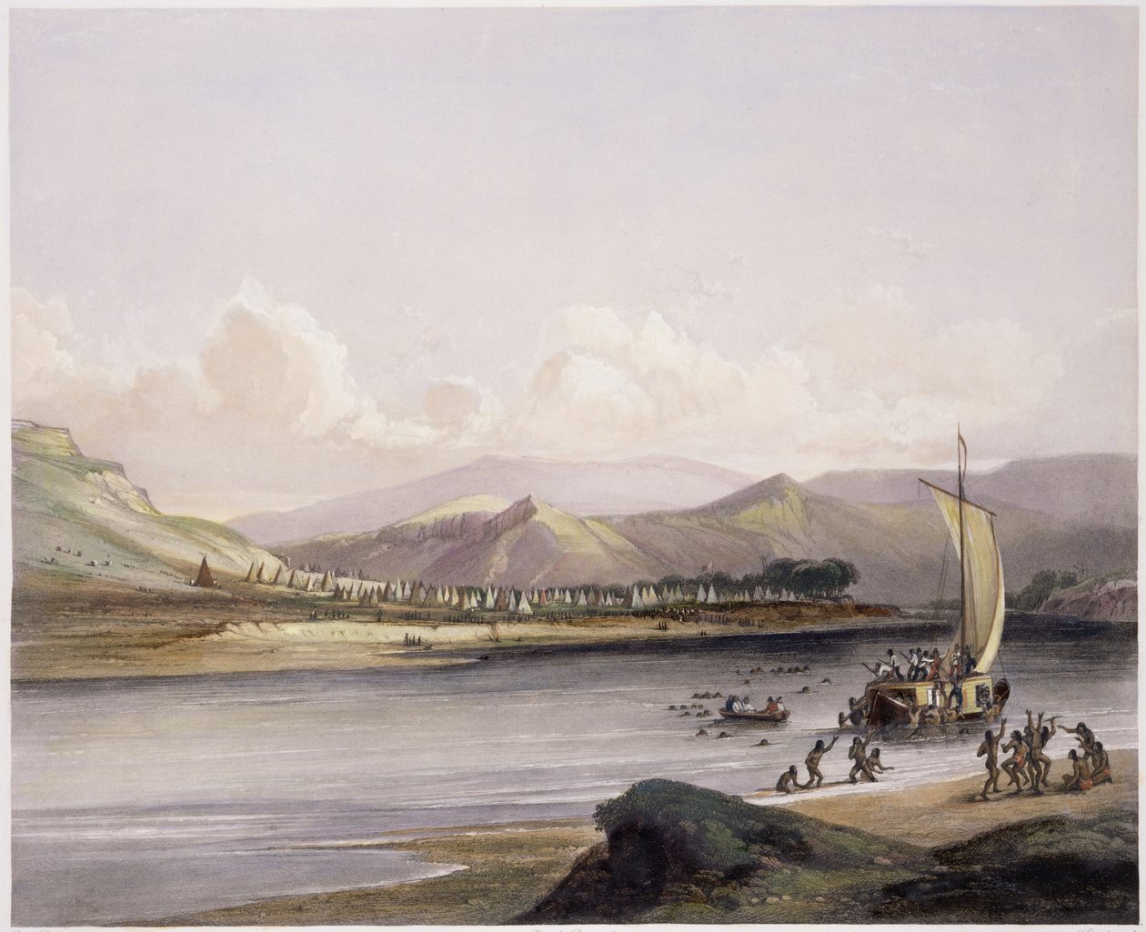 上密苏里州大草原的Gros Ventres营地，“北美洲内陆旅行”第2卷第38块，由Sigismond Himely（1801-72）1844年刻（aquatint） 作者 卡尔·博德默
