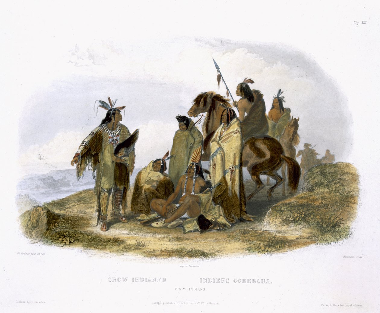乌鸦印第安人，从“北美内陆的旅行”第1卷起第13页，由J. Hurlimann，1843年刻（aquatint） 作者 卡尔·博德默