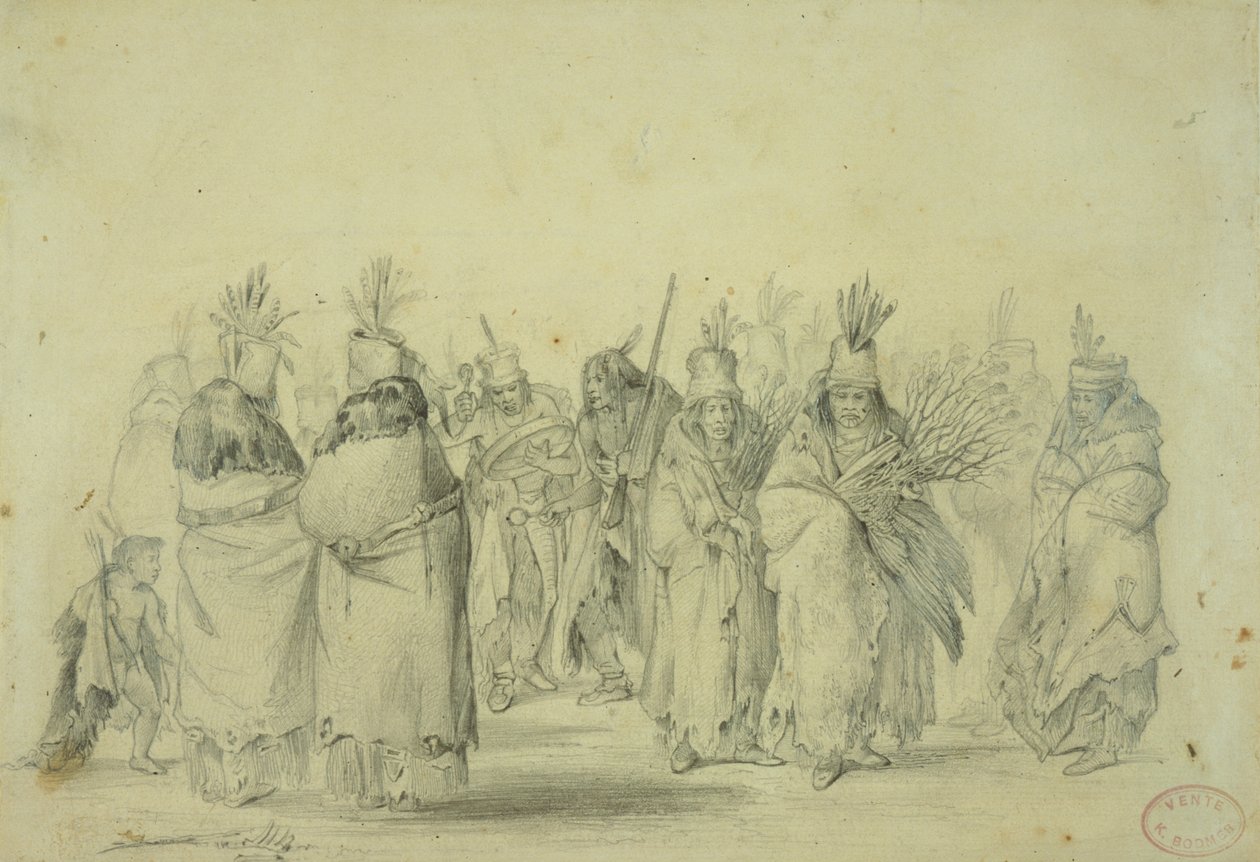 曼丹妇女的舞蹈，第1833-43页（铅笔，笔和纸上的wc） 作者 卡尔·博德默