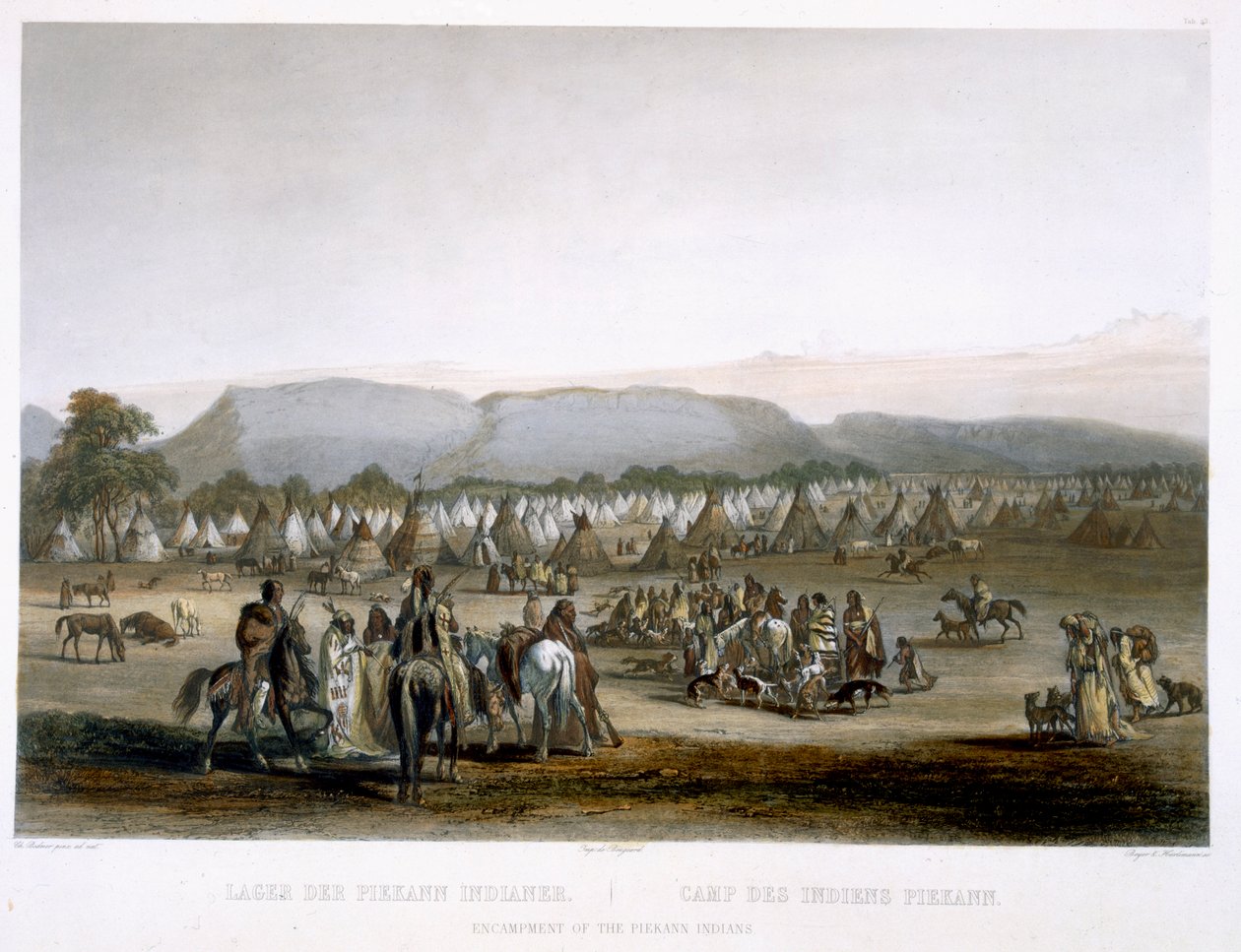 Piekann印第安人的营地，从“北美内陆旅行”第2卷第43页开始，由Leopold Beyer（1784-c.1870）和J. Hurlimann（1844年）（aquatint）雕刻而成 作者 卡尔·博德默