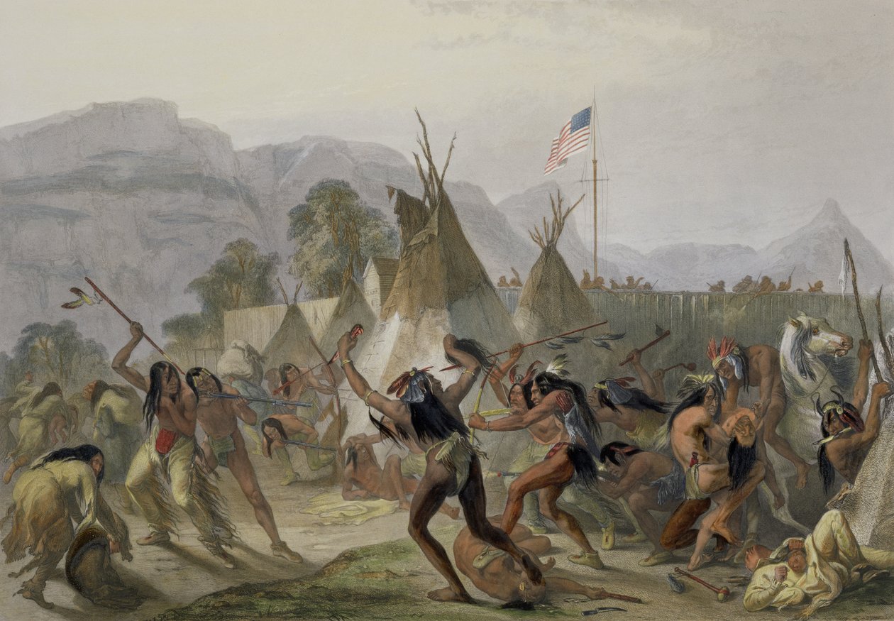 Fort Mackenzie，1833年8月28日，“北美洲内陆旅行”第2卷第42页，由Alexandre Manceau和J. Hurlimann雕刻，1844年（aquatint） 作者 卡尔·博德默