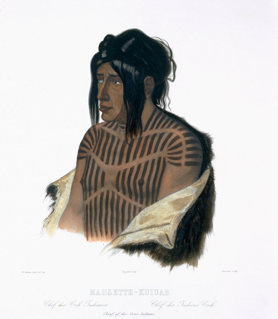 Cree印第安人酋长Mahsette-Kuiuab，“北美内陆旅行”第1卷第22页，由Pierre Joseph Tavernier（1787-p.1845）1843年刻（aquatint） 作者 卡尔·博德默