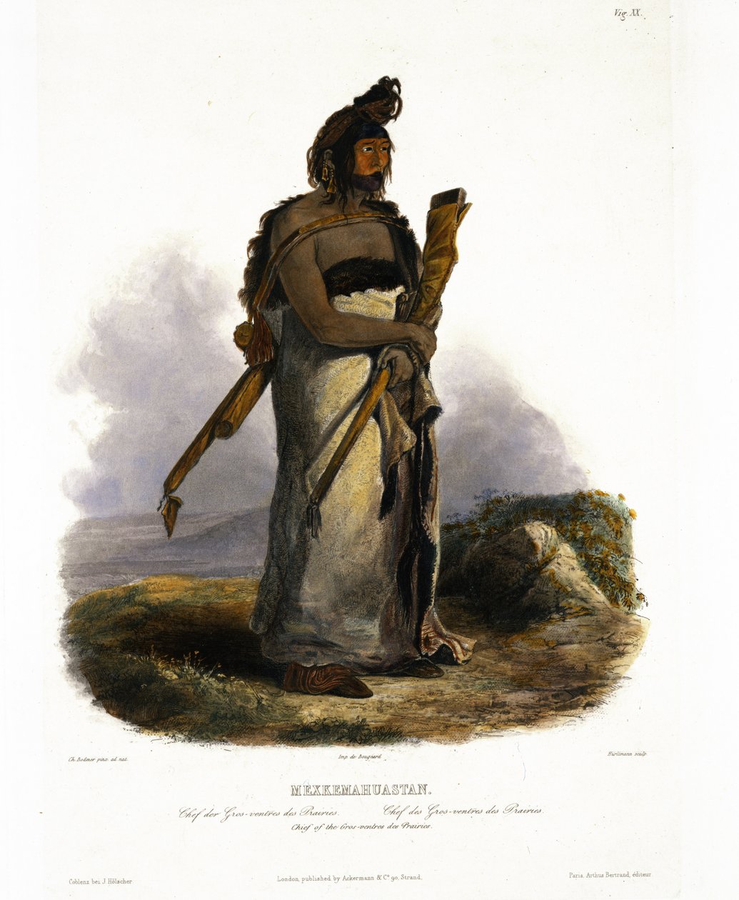 Mexkemahuastan，大草原Gros-Ventres的负责人，在“北美内陆旅行”第1卷第20页，由J. Hurlimann，1843年刻（aquatint） 作者 卡尔·博德默