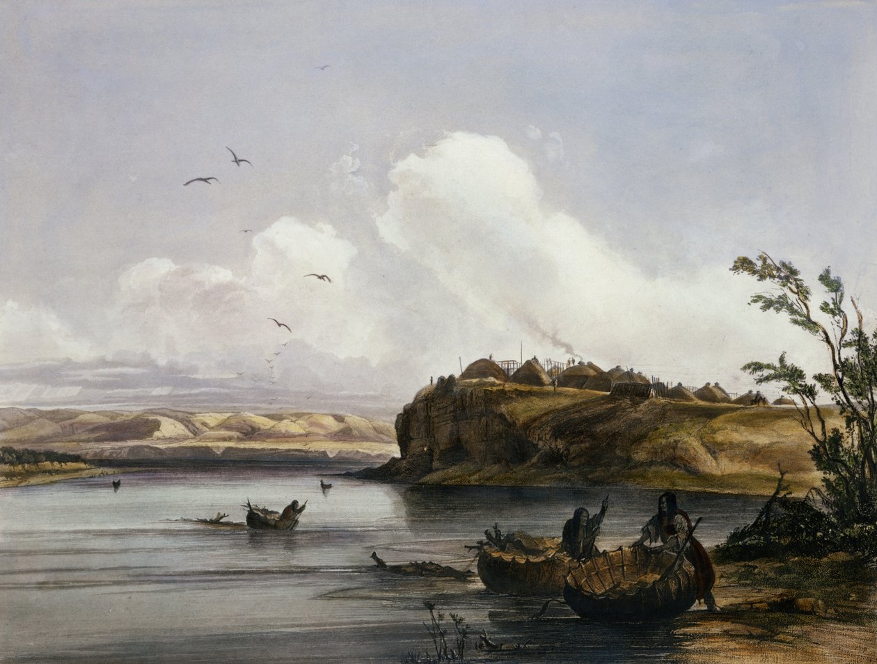 Mih-Tutta-Hankush，一个Mandan村，位于“北美内陆旅行”第2卷的第16块，由Friedrich Salathe（1793-1858）1844年刻（aquatint） 作者 卡尔·博德默