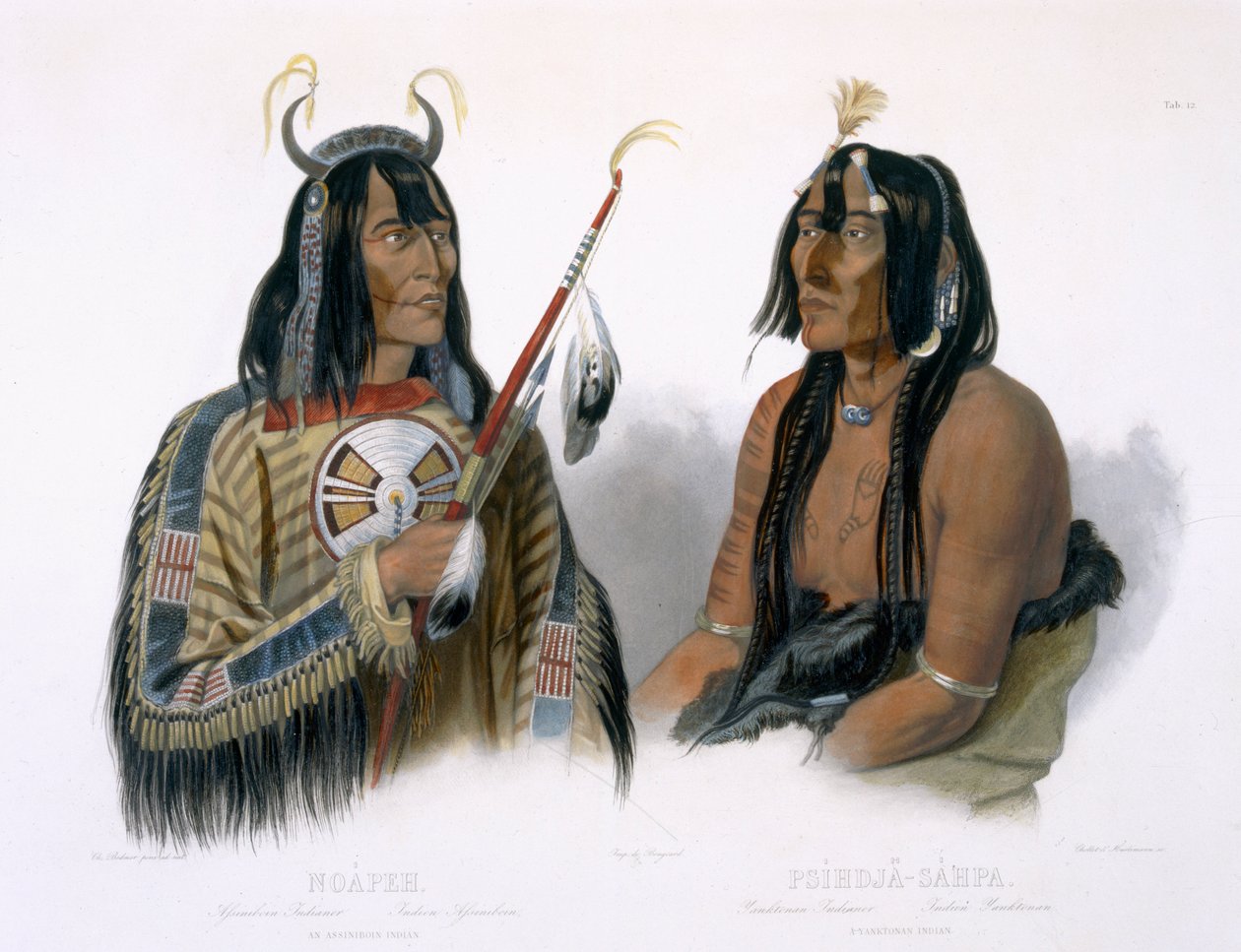 Noapeh，阿西尼博因印第安人和Psihdja-Sahpa，Yanktonan印第安人，在“北美内陆旅行”第2卷第12页，由Chollet和J. Hurlimann雕刻，1844年（aquatint） 作者 卡尔·博德默