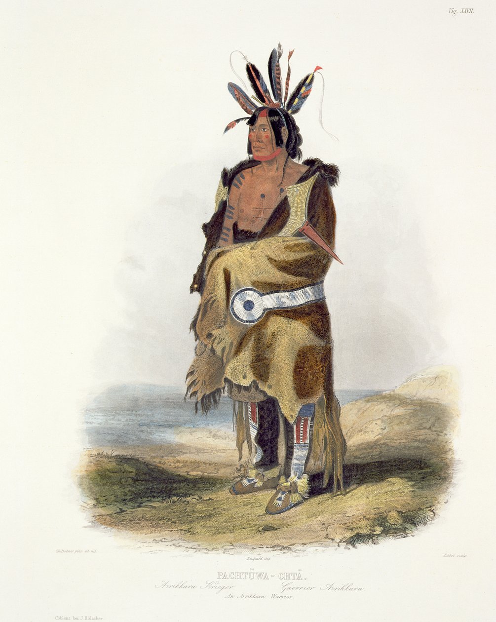 Pachtuwa-Chta，Arrikkara战士，来自“北美内陆旅行”第1卷的第27页，由Talbot雕刻，1843年（aquatint） 作者 卡尔·博德默