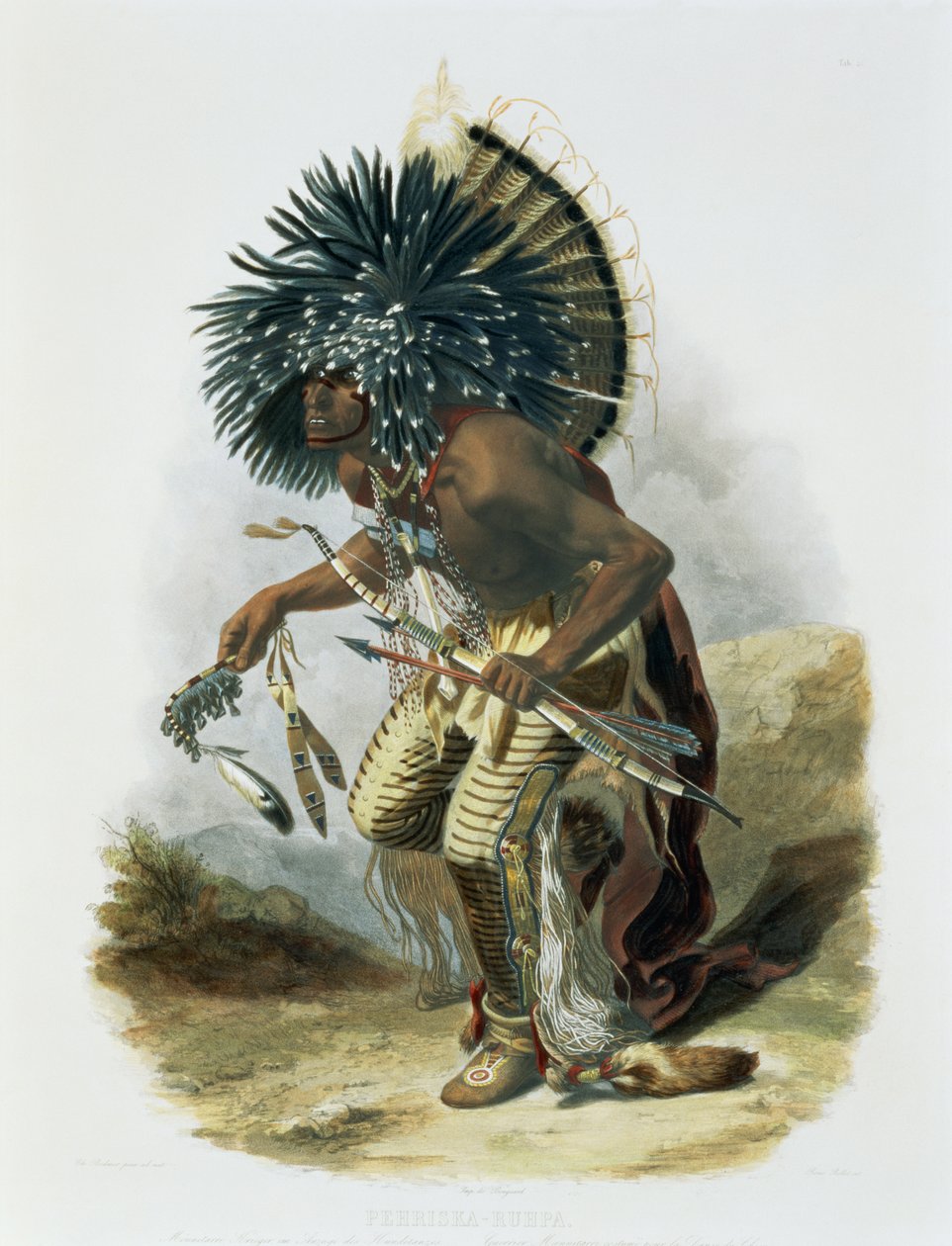 Pehriska-Ruhpa，狗舞的服装中的Minatarre战士，来自“北美内陆旅行”第2卷的第23页，由Rene Rollet雕刻，1844年（aquatint） 作者 卡尔·博德默