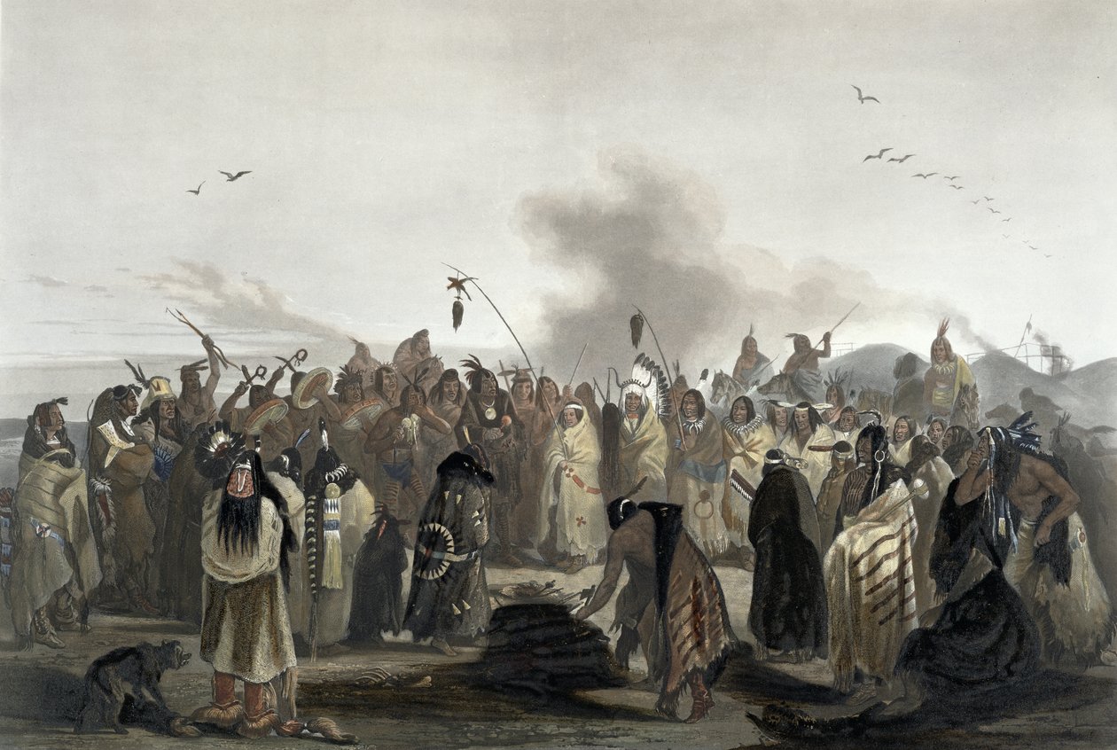 Minatarres的头皮舞，来自“北美内陆旅行”第2卷的第27页，由Carl Vogel（1816-51）1844年刻（aquatint） 作者 卡尔·博德默