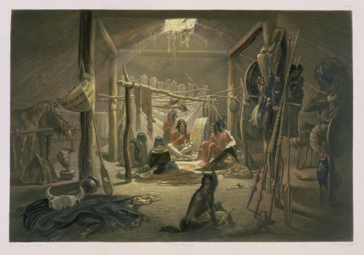 Mandan酋长小屋内部，“北美洲内陆旅行”第2卷第19页，由Narcisse Desmadryl，1844年绘制（aquatint）（详见29098） 作者 卡尔·博德默
