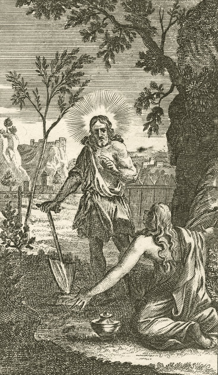 耶稣出现在Mary Magdalen的园丁身上，来自德国的灵修，1709年（铜版雕刻） 作者 卡尔·雷姆沙德