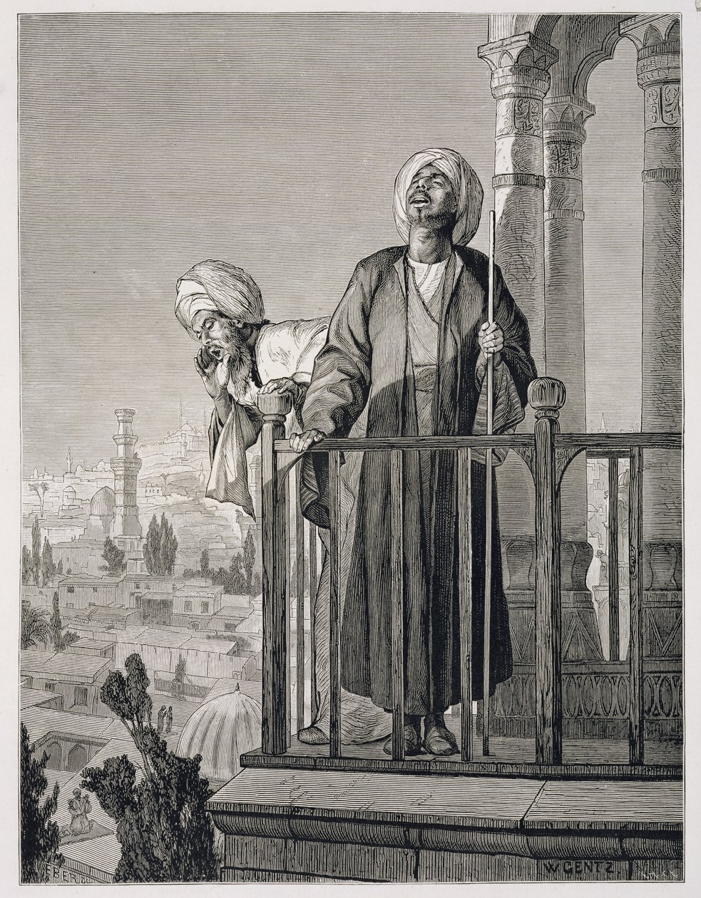 19世纪的Muezzin的祈祷呼唤（在纸上雕刻） 作者 卡尔·威廉·根茨
