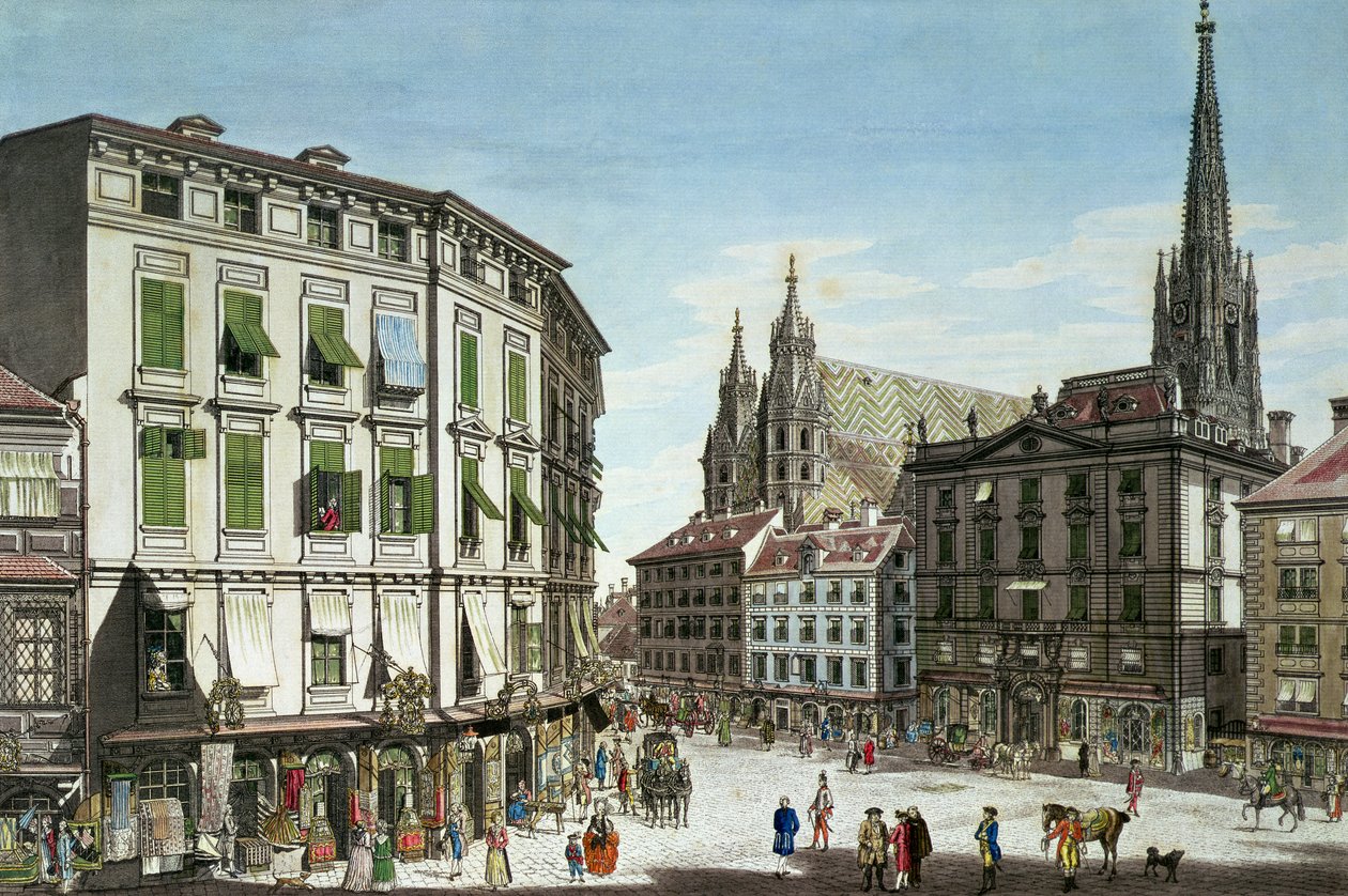 Stock-im-Eisen-Platz，背景为圣斯蒂芬大教堂，由艺术家雕刻，1779年 作者 卡尔·舒茨