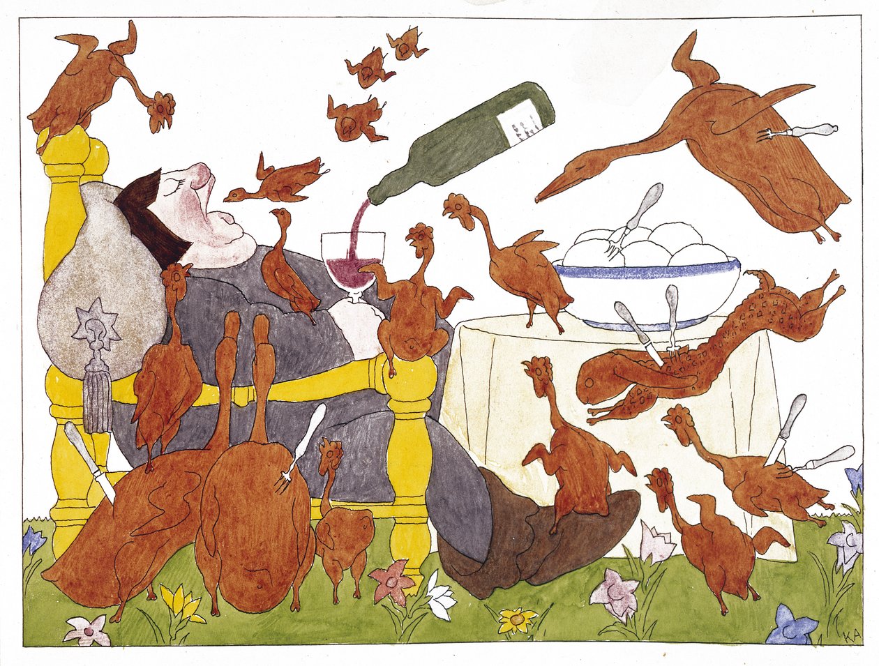 汉斯-萨克斯（1494-1576 年）《Schlaraffenland》中的插图（纸上钢笔、墨水和水彩画） 作者 卡尔·阿诺德