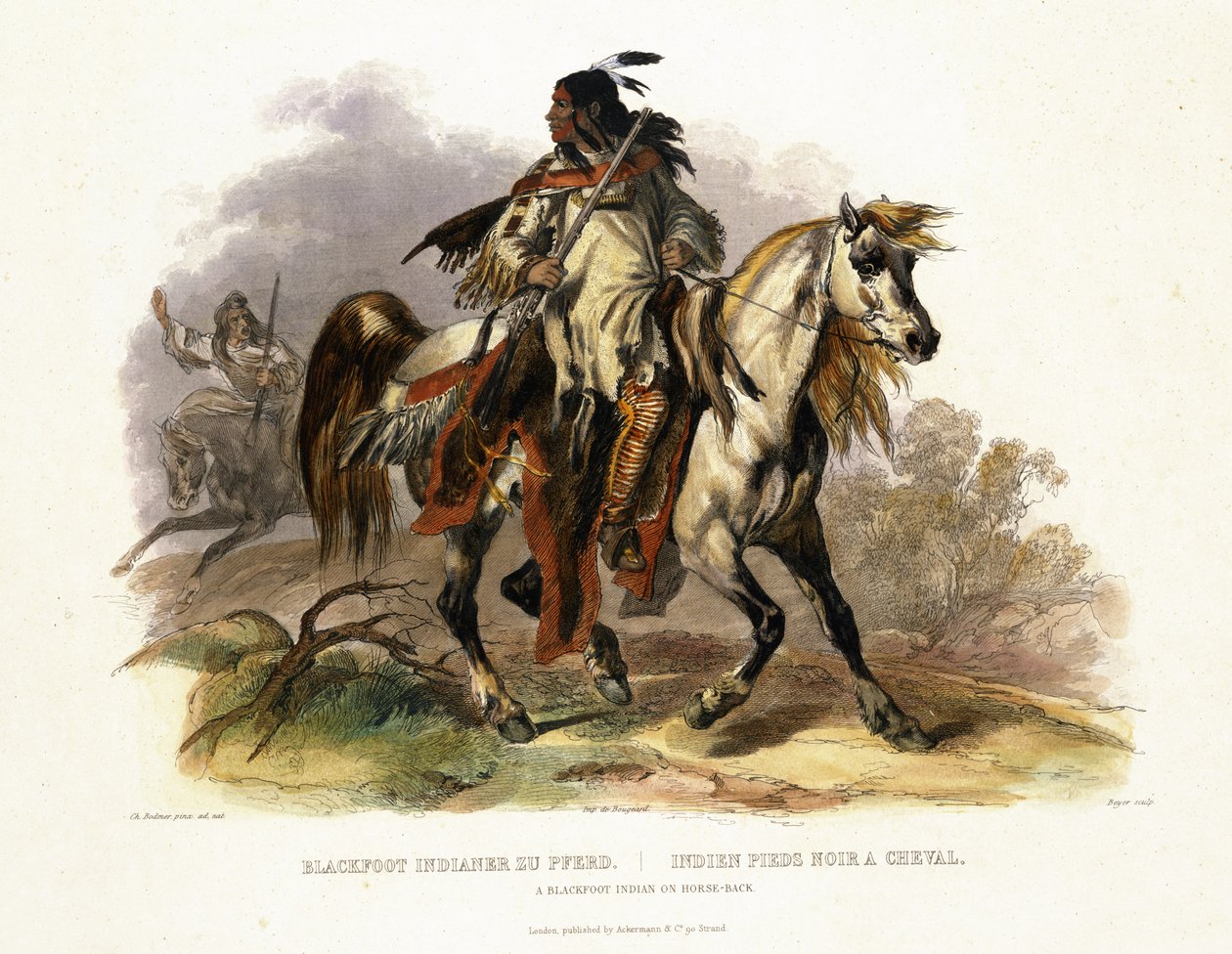 马背上的黑脚印第安人，在“北美内陆旅行”第1卷第19页，由Leopold Beyer（1784-c.1870）1843年刻（aquatint） 作者 卡尔·博德默