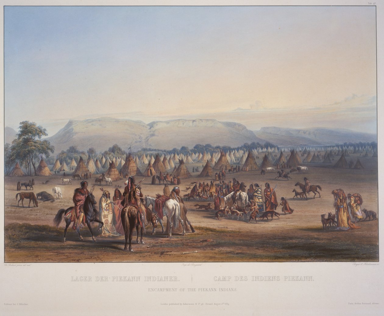 由Beyer und Hurliman雕刻的Piekann印第安人的营地，于1839年出版（aquatint） 作者 卡尔·博德默