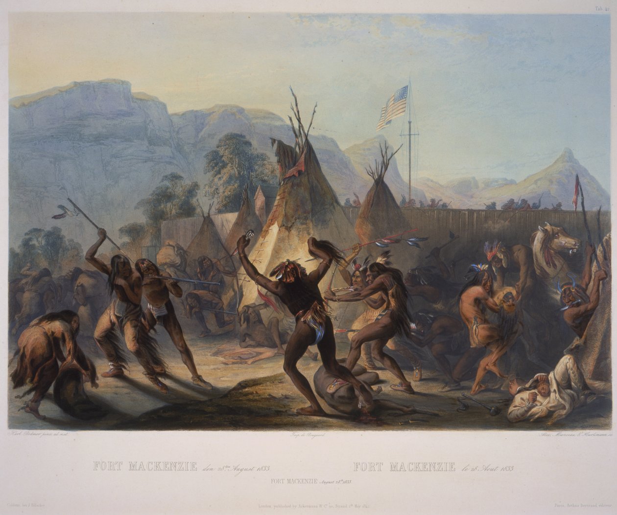 Fort McKenzie，1833年8月28日，由Manceau und Hurliman雕刻，于1842年出版（aquatint） 作者 卡尔·博德默