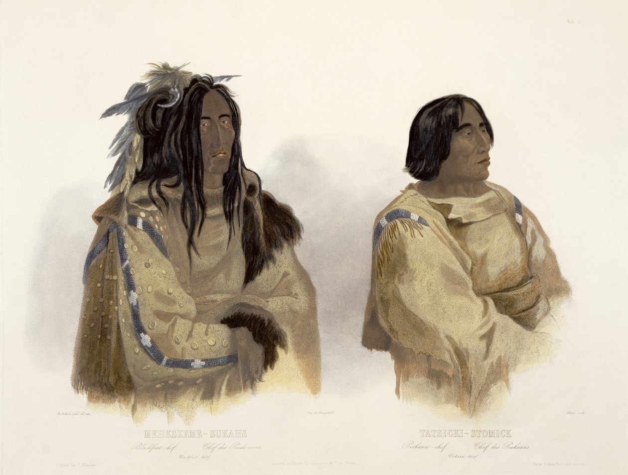 Mehkskeme-Sukahs，Blackfoot Chief和Tatsicki-Stomick，Piekann Chief，第45卷，来自“北美内陆旅行”第2卷，由Allais雕刻，1844年（aquatint） 作者 卡尔·博德默