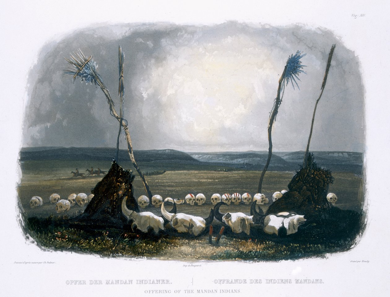 提供曼丹印第安人，从“北美内陆旅行”第1卷第14页，由Sigismond Himely（1801-72）1843年刻（aquatint） 作者 卡尔·博德默