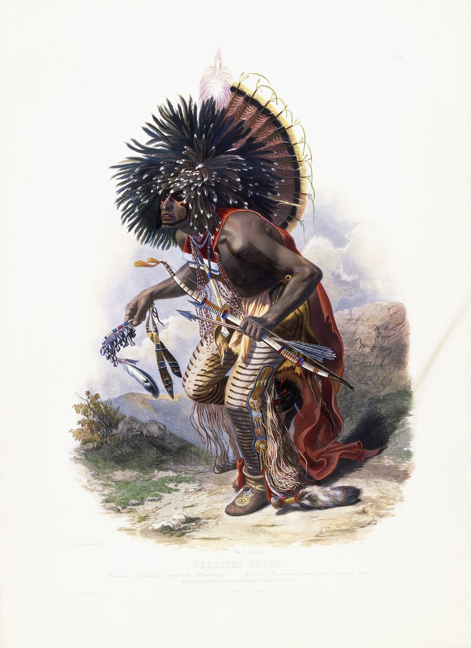 佩里斯卡·鲁帕（Pehriska-Ruhpa），莫恩尼塔里（Moennitarri）战士，身着“丹斯狗”服装，1840年 作者 卡尔·博德默