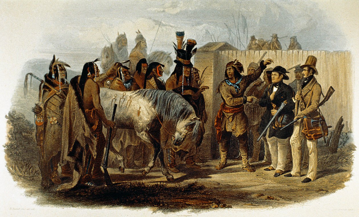 马克斯-冯-纽维德王子（1782-1867）和卡尔-博德默受到希达萨印第安人的欢迎 作者 卡尔·博德默